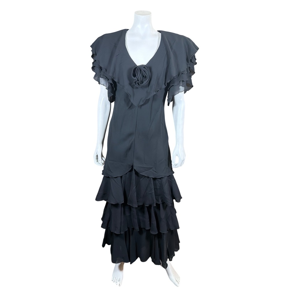 After Dark Vintage Black Tiered Ruffle Maxi Dress Rosette V-Neck Gown 18x15